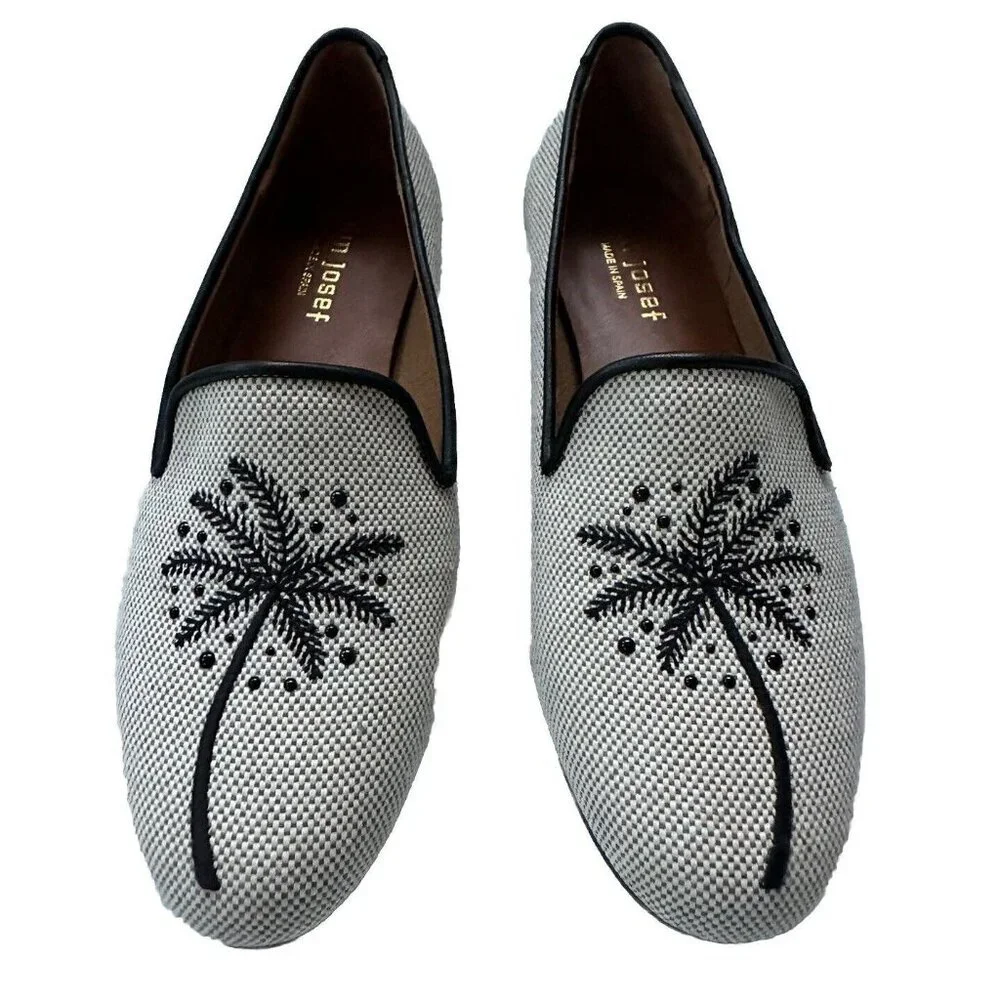Jon Josef Women’s Palm Tree Embroidery Natural Linen Loafer Flat-New Size 7.5 - Picture 2 of 5